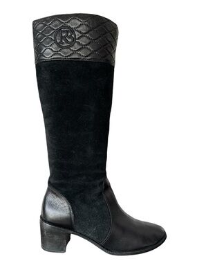 Raphaella Booz Women's Black Suede Leather Tall Block Heel Boots Quilted Logo 10
